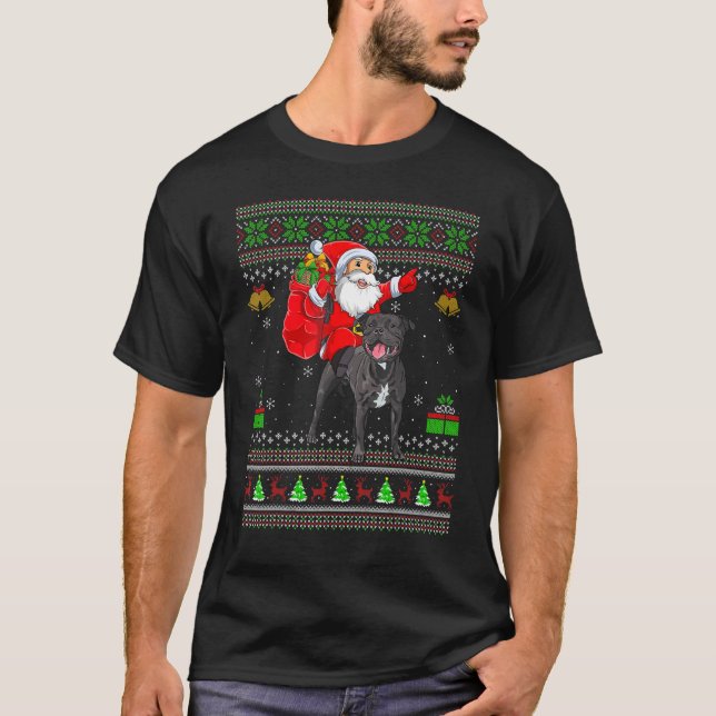 Ugly Santa Riding Stafford Bull Terrier Hund C T Shirt (Framsida)