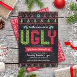Ugly Sweater Chalkboard-Julfest Inbjudningar<br><div class="desc">Fira julfestens säsong i "stil" med din fulaste, stilaste julsvett! Cute, vit träd, renar, prydnadsföremål och lekfull "sweater"-typografi i rött, grönt och akvafblått täcker över en kritbakgrund. En vit mässa mönster i träd, renar och prydnadsföremål, över en röd bakgrund, fäster bakgrunden. Fira med familj och vänner medan du känner julhelgens...</div>