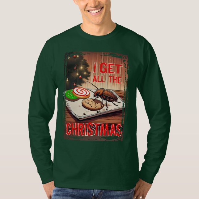 Ugly sweater Christmas cockroach eating cookies T Shirt (Framsida)