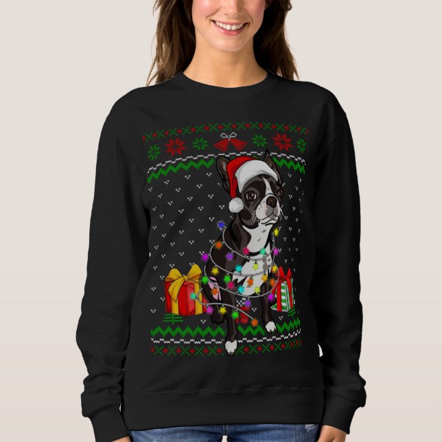 Ugly Sweater Christmas Lights Boston Terrier Dog L T Shirt (Framsida)