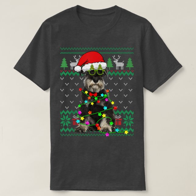 Ugly Sweater Christmas Lights Schnauzer Dog Puppy  T Shirt (Design framsida)