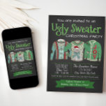 Ugly Sweater Christmas Party Chalk Invitation Inbjudningar<br><div class="desc">Ugly sweater Christmas party invitation with three funny ugly sweaters on a chalkboard and snowflake background. You can easily customize these fun ugly sweater Christmas party invitations for your event by simply adding your details.</div>