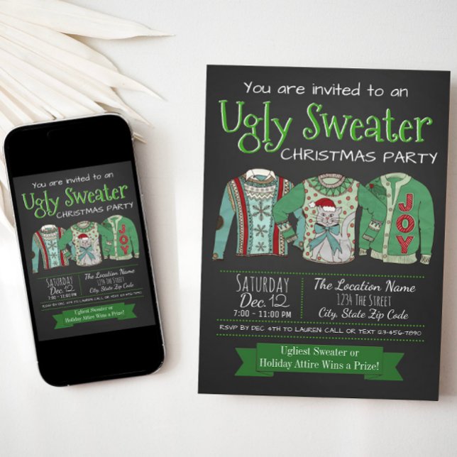 Ugly Sweater Christmas Party Chalk Invitation Inbjudningar (Ugly sweater invitation with cute ugly sweaters. Available for instant download and print.)