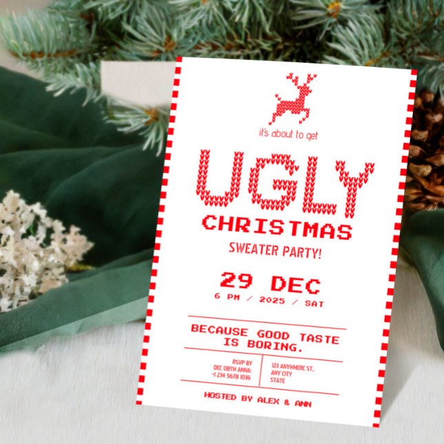 Ugly Sweater Christmas Party | Funny Pixel Knit  Inbjudningar (Ugly Sweater Christmas Party | Funny Pixel Knit Invitation | Tis The Season Invitation)