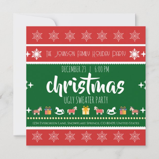 Ugly Sweater Christmas Party – Red Green Snowflake Inbjudningar (Framsida)