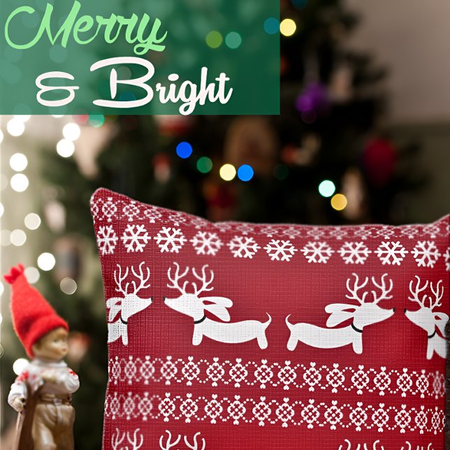 Ugly Sweater Fair Isle Reindeer Dachshund Pillow Kudde (Dachshund masquerading as a reindeer for wiener dog themed Christmas.)