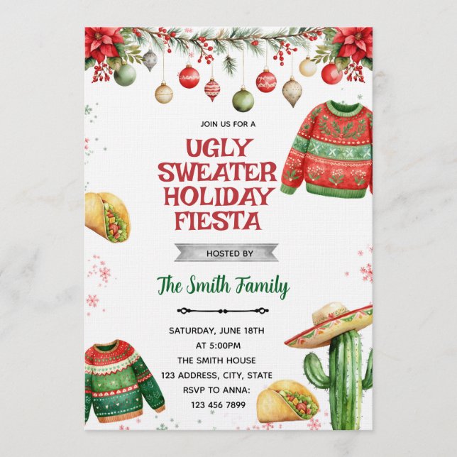 Ugly Sweater Fiesta Christmas party Invitation Inbjudningar (Framsida)