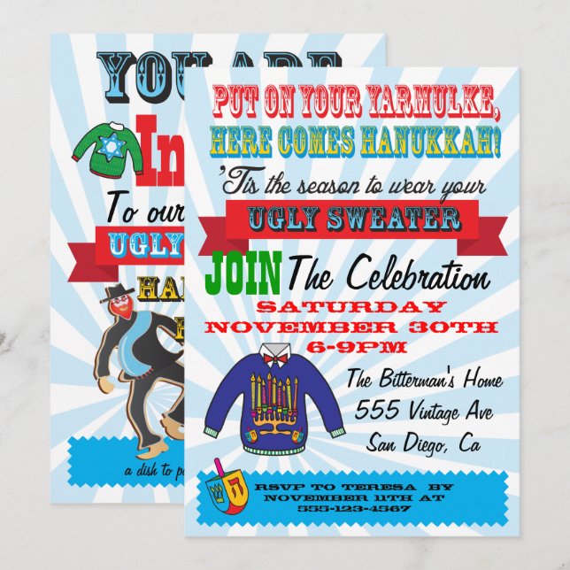 Ugly sweater Hanukkah-partiets inbjudningar (Fram/baksida)