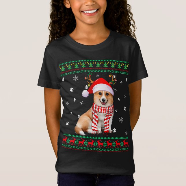 Ugly Sweater jul Corgi Hund Santa Reindeer T Shirt (Framsida)