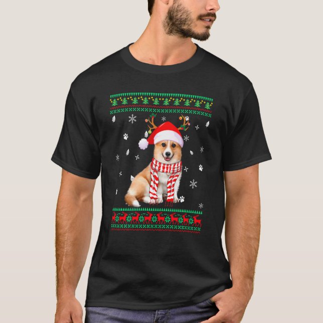 Ugly Sweater jul Corgi Hund Santa Reindeer T Shirt (Framsida)