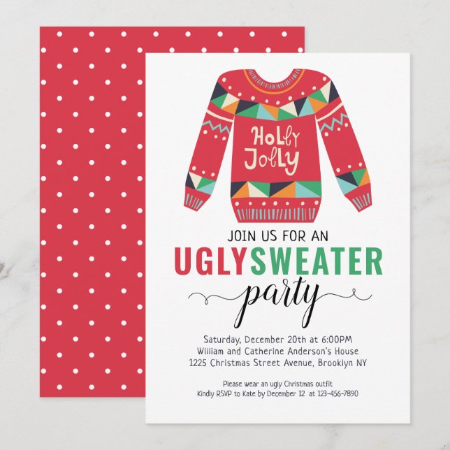 Ugly Sweater jul Holly Jolly Julfest Inbjudningar (Fram/baksida)