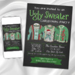 Ugly Sweater jul-inbjudan till Party-kalk Inbjudningar<br><div class="desc">Våldsfull julfestinbjudan med tre konstiga fula tröjor på en schalkboard och snöflingor. Du kan enkelt anpassa dessa inbjudningar till din fest för den fula roligten genom att helt enkelt lägga till dina uppgifter.</div>
