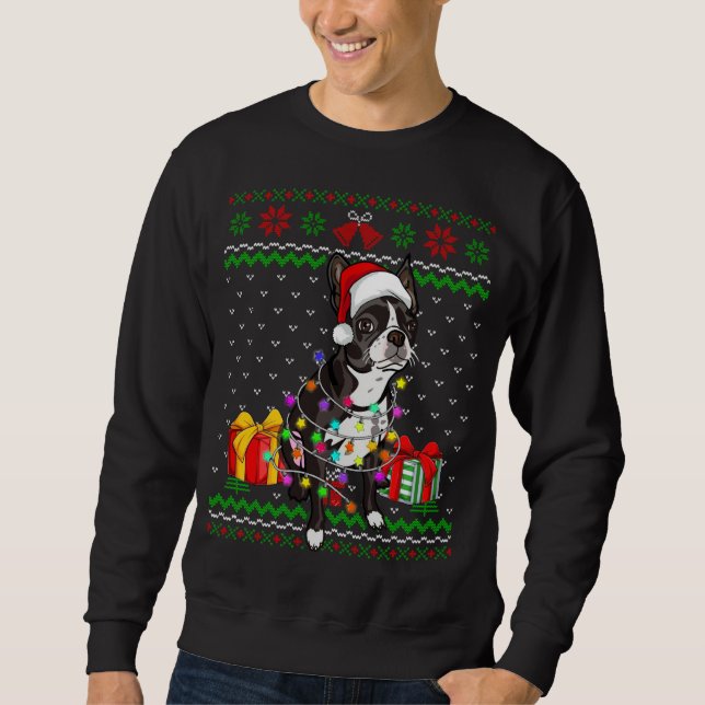 Ugly Sweater jul Ljus Boston Terrier Hund L Lång Ärmad Tröja (Framsida)