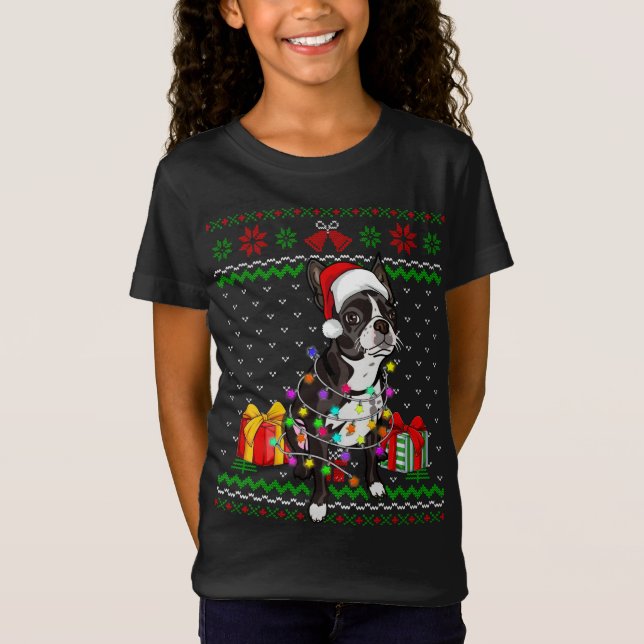 Ugly Sweater jul Ljus Boston Terrier Hund L T Shirt (Framsida)