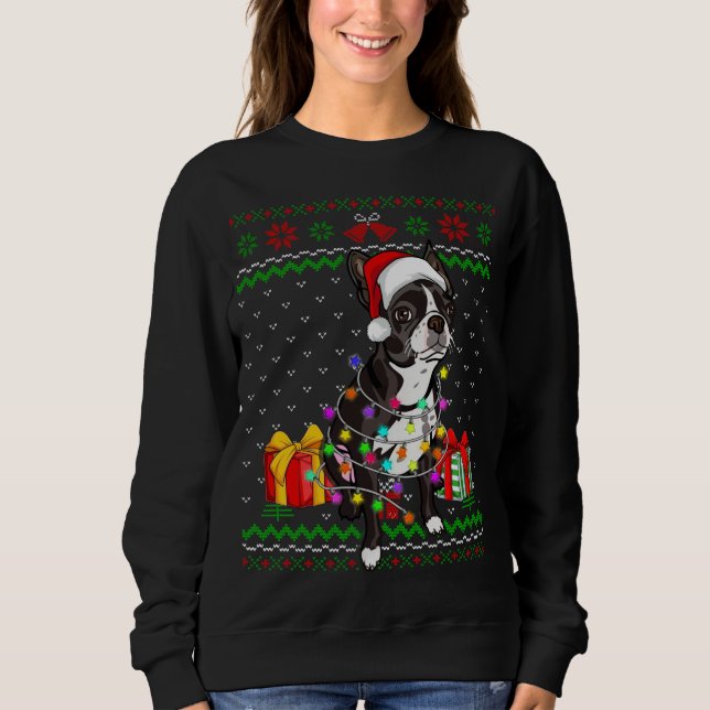 Ugly Sweater jul Ljus Boston Terrier Hund L T Shirt (Framsida)