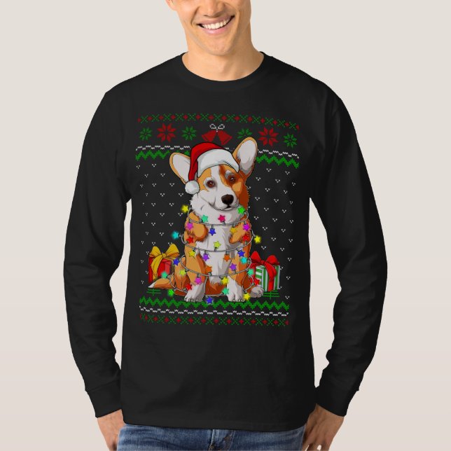 Ugly Sweater jul Ljus Corgi Hund älskare T Shirt (Framsida)