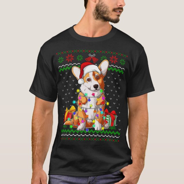 Ugly Sweater jul Ljus Corgi Hund älskare T Shirt (Framsida)