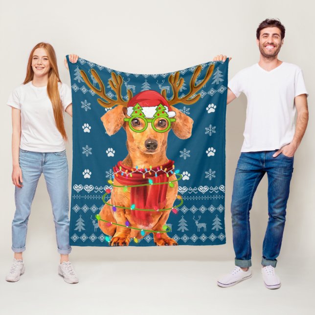 Ugly Sweater jul Ljus Dachshund Hund Puppy Fleecefilt (På plats)
