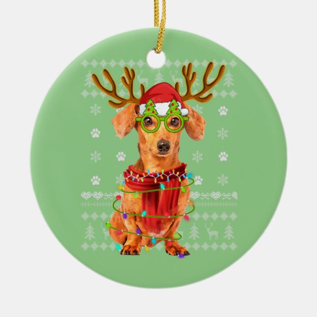 Ugly Sweater jul Ljus Dachshund Hund Puppy Julgransprydnad Keramik (Framsidan)