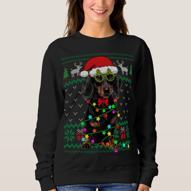Ugly Sweater jul Ljus Dachshund Hund Puppy T Shirt (Framsida)