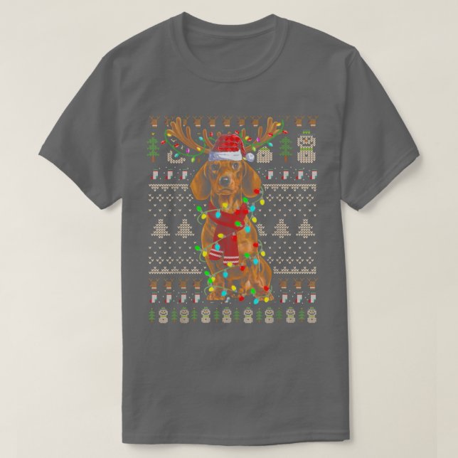 Ugly Sweater jul Ljus Dachshund Hund Puppy T Shirt (Design framsida)