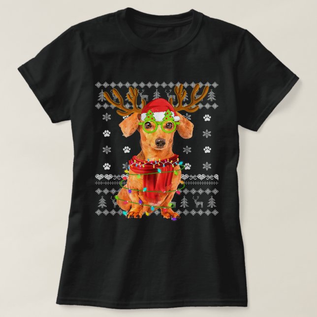 Ugly Sweater jul Ljus Dachshund Hund Puppy T Shirt (Design framsida)