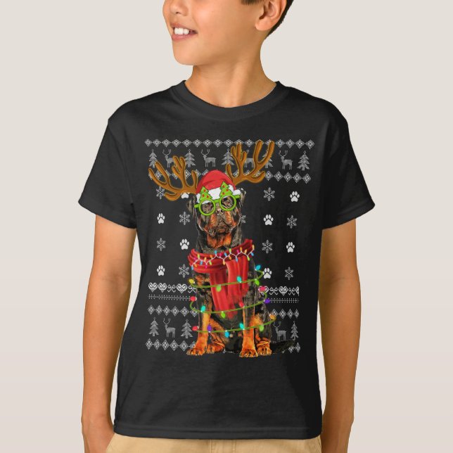 Ugly Sweater jul Ljus Rottweiler Hund Puppy T Shirt (Framsida)