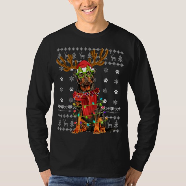 Ugly Sweater jul Ljus Rottweiler Hund Puppy T Shirt (Framsida)