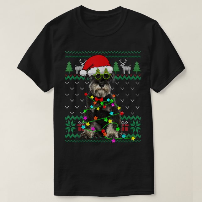 Ugly Sweater jul Ljus Schnauzer Hund Puppy T Shirt (Design framsida)