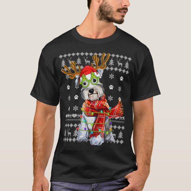 Ugly Sweater jul Ljus Schnauzer Hund Puppy T Shirt (Framsida)