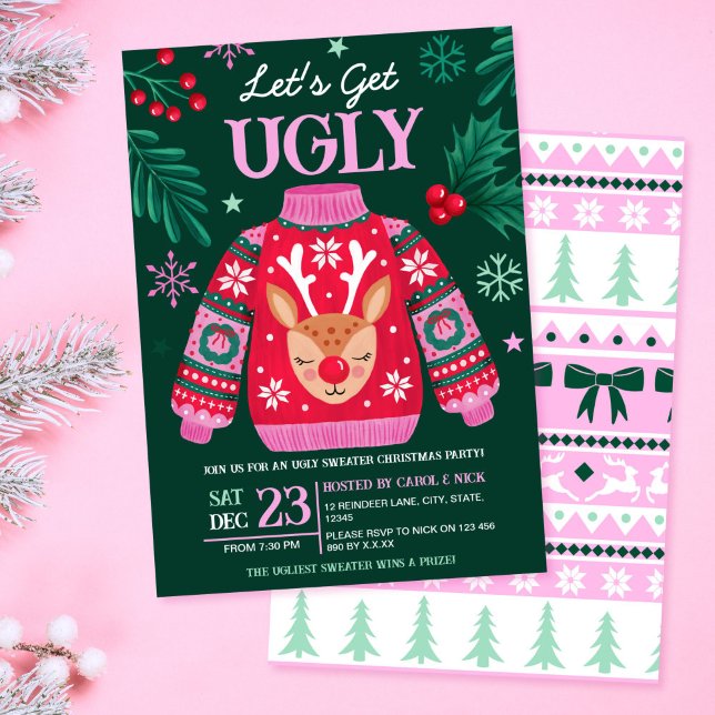 Ugly Sweater jul Party Reindeer och Holly Inbjudningar (Ugly Sweater Christmas Party Reindeer and Holly Invitation)