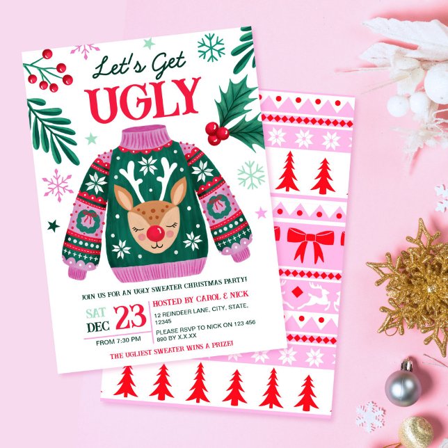 Ugly Sweater jul Party Reindeer och Holly Inbjudningar (Ugly Sweater Christmas Party Reindeer and Holly Invitation)