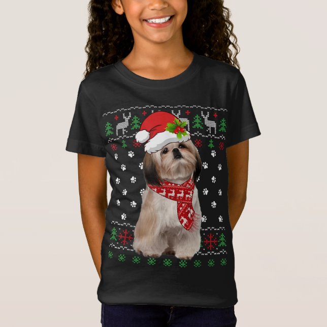 Ugly Sweater jul Shih Tzu Hund Puppy Julafton Paj T Shirt (Framsida)
