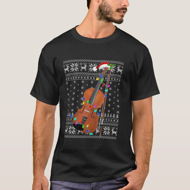 Ugly Sweater Julafton Ljus Santa Hat Musical Violi T Shirt (Framsida)