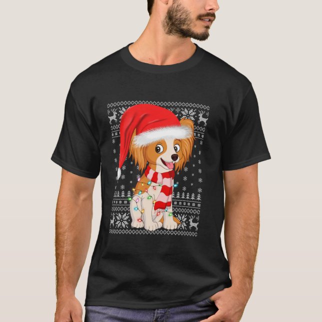 Ugly Sweater Julafton Ljus Santa Hat Papillon Hund T Shirt (Framsida)