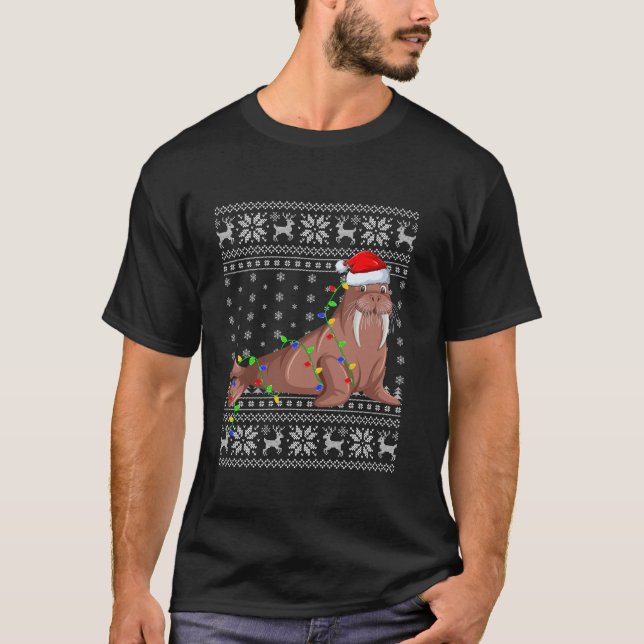 Ugly Sweater Julafton Ljus Santa Hat Walrus Christ T Shirt (Framsida)
