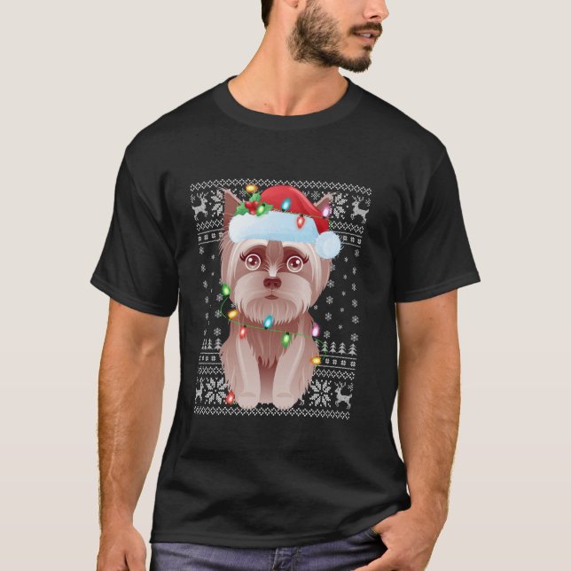 Ugly Sweater Julafton Ljus Santa Hat Yorkie Hund C T Shirt (Framsida)
