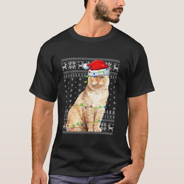 Ugly Sweater Julafton Ljus Santa Scottish Fold Cat T Shirt (Framsida)