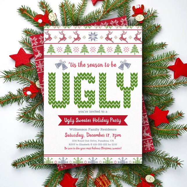 Ugly Sweater Julfest Rolig Röd Grön Inbjudningar (Skapare uppladdad)