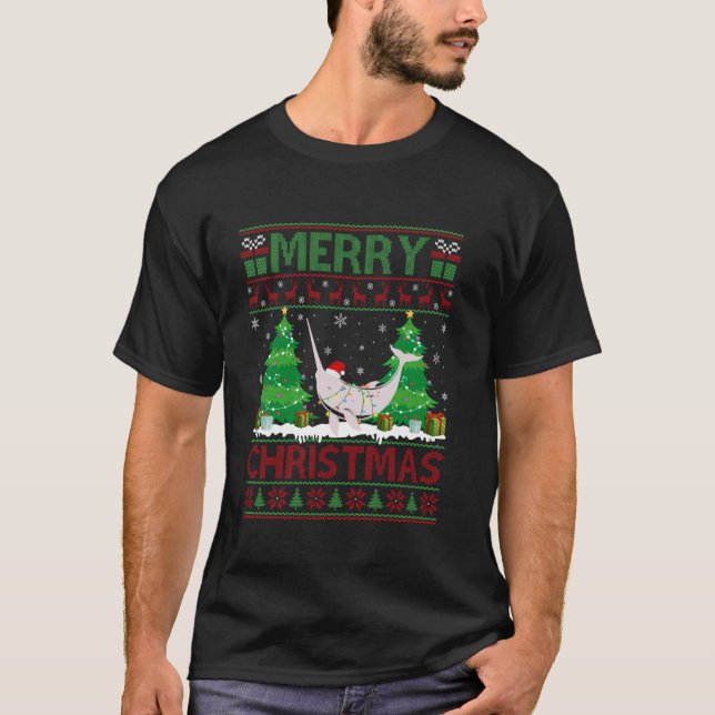 Ugly Sweater Julgran Lighting Narwhal Ugly T Shirt (Framsida)