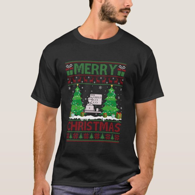 Ugly Sweater Julgran Lighting Webben Developer T Shirt (Framsida)