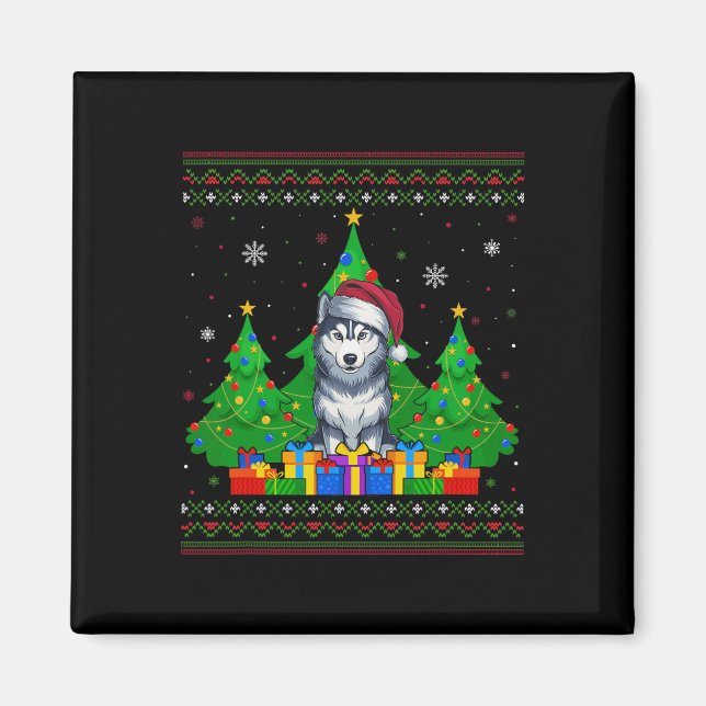 Ugly Sweater Julgran Santa Hat Siberian Hus Magnet (Framsidan)