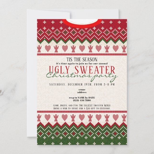 Ugly Sweater Knitten Hygge Angel Hearts jul Inbjudningar (Framsida)
