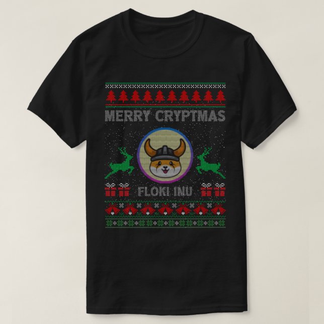 Ugly Sweater merry cryptmas floki Inu Crypto Coin T Shirt (Design framsida)