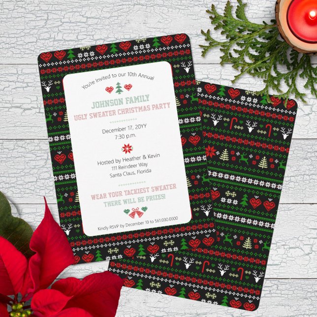 Ugly Sweater Mönster jul-Julfest Inbjudningar (Traditional Ugly Sweater pattern Christmas Holiday Party Invitation with Faux Stitched Typography)
