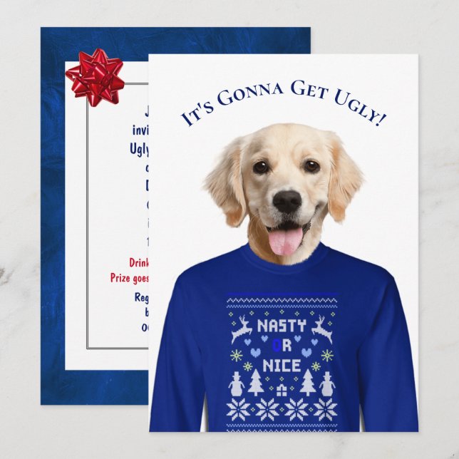 Ugly Sweater Party Golden Retriever Inbjudningar (Fram/baksida)