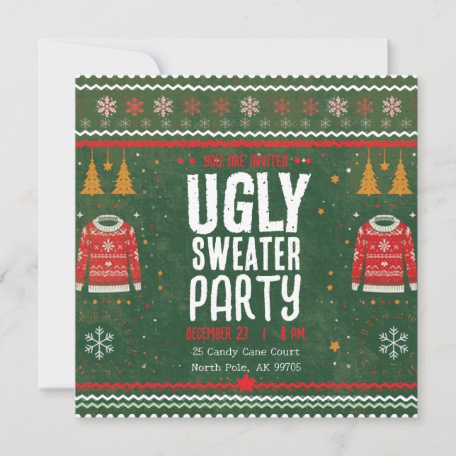 Ugly Sweater Party – Green Gold Holiday Fun Inbjudningar (Framsida)