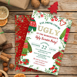 Ugly Sweater Party Greenery Red Jul Helgdag Inbjudningar