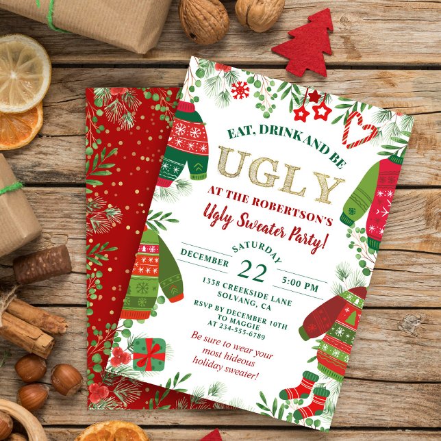 Ugly Sweater Party Greenery Red Jul Helgdag Inbjudningar (Skapare uppladdad)