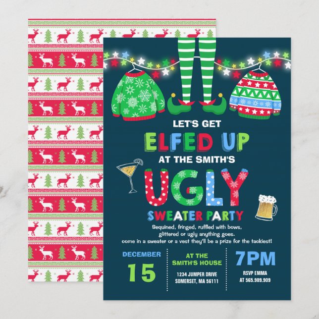 Ugly Sweater Party-inbjudan Jul - uppåt Inbjudningar (Fram/baksida)